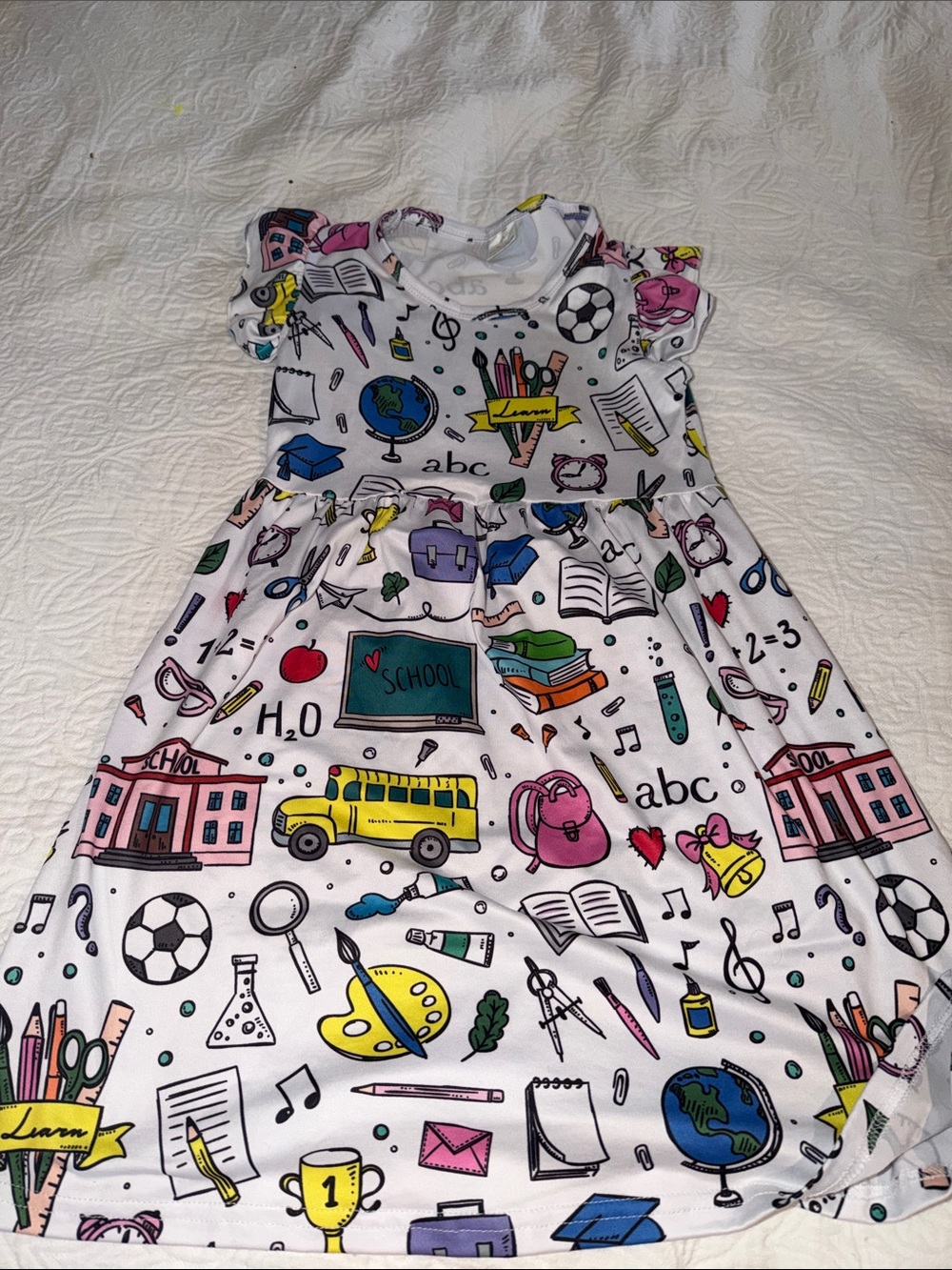 Amazon White School Print Dress with Yellow, Pink, Blue & Green Accents